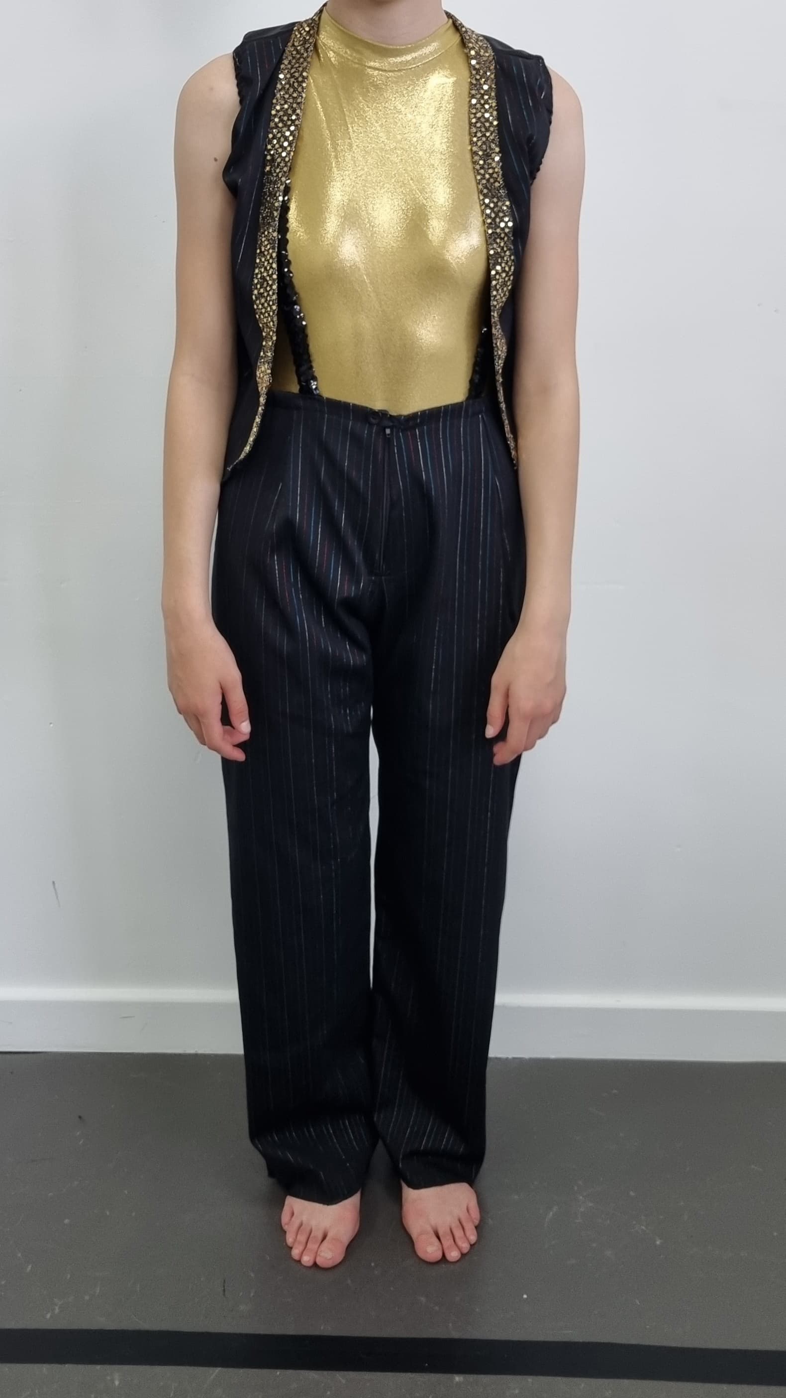 Pinstripe Trousers, Waistcoat and Gold Leotard Set - Image 1