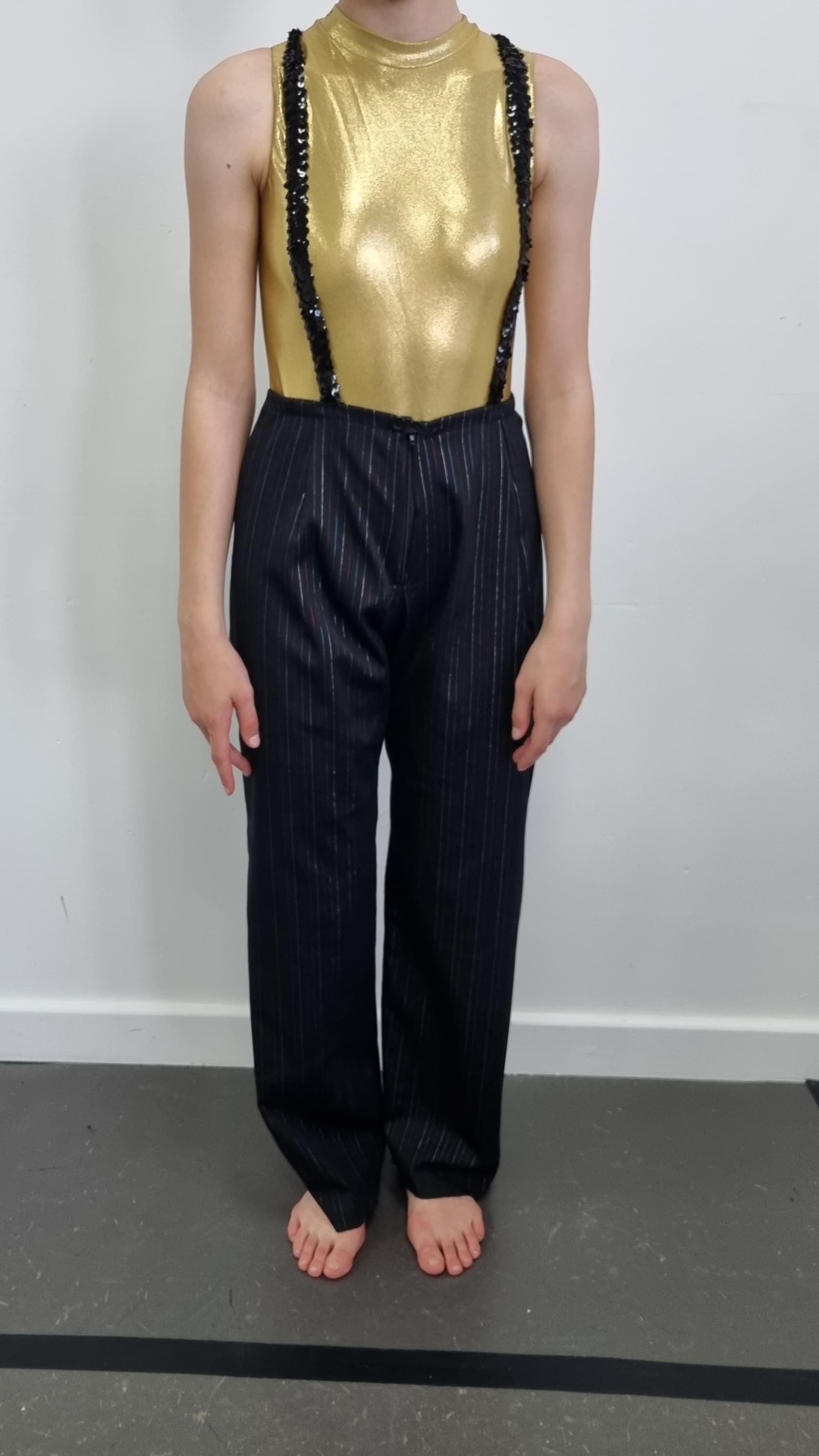Pinstripe Trousers, Waistcoat and Gold Leotard Set thumbnail 2