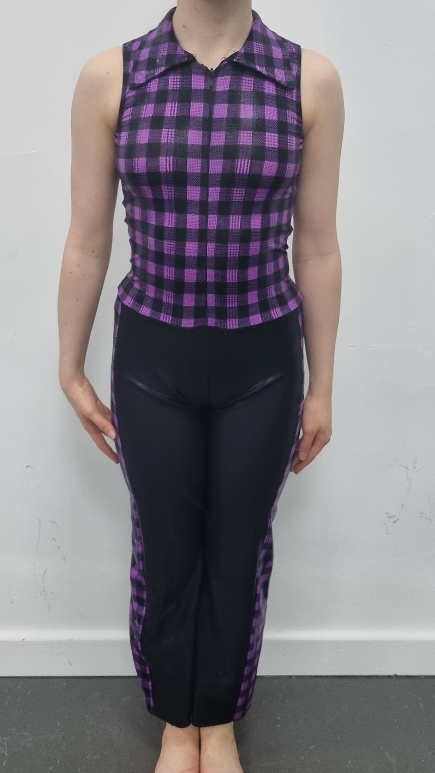 Checked Collared Purple and Black Catsuits
