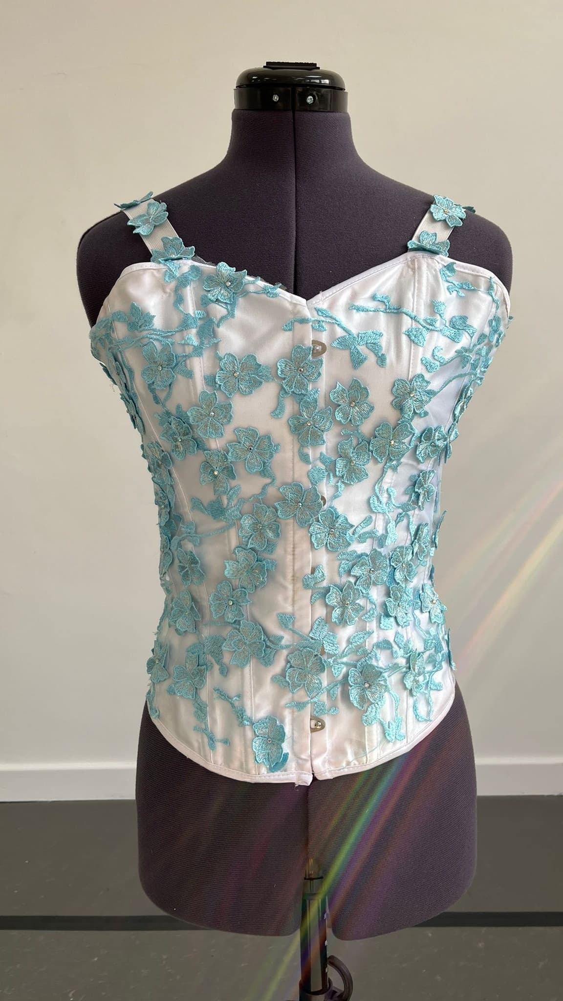 White Corset with Blue Floral Applique
